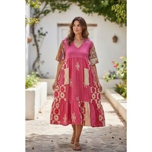 Pink Kantha Stitch Patchwork Dress Boho Tiered Pink Large magnolia pearl style